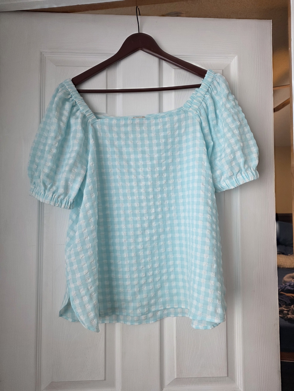Anne Klein Light Blue Gingham Puff Sleeve Blouse